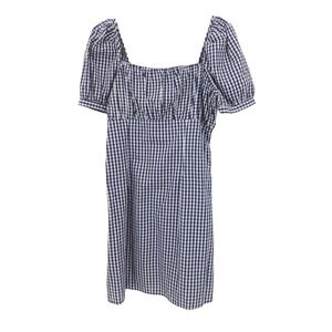 Forever That Girl Navy White Gingham Puff Sleeve Square Neck Midi‎ Dress Size S